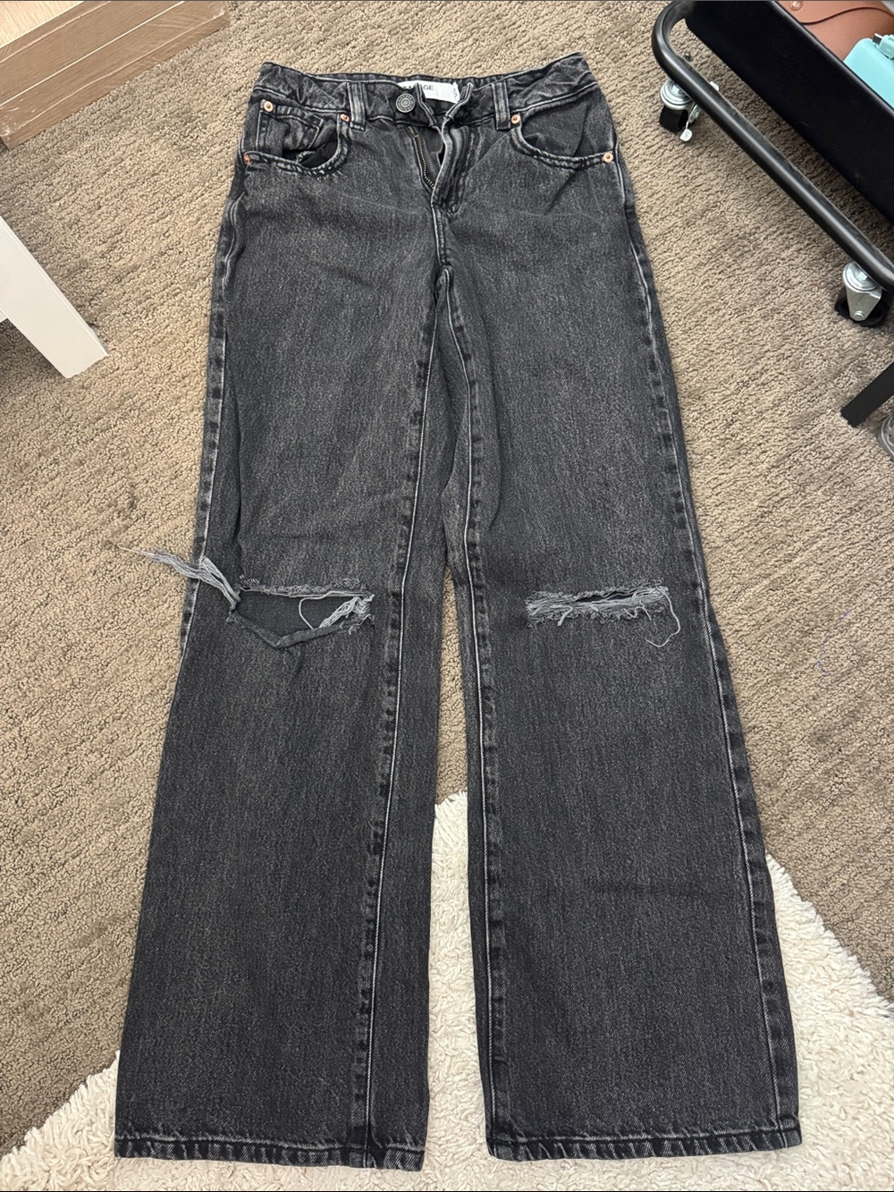 Garage Black Wide-Leg Flare Jeans with Knee Distress
